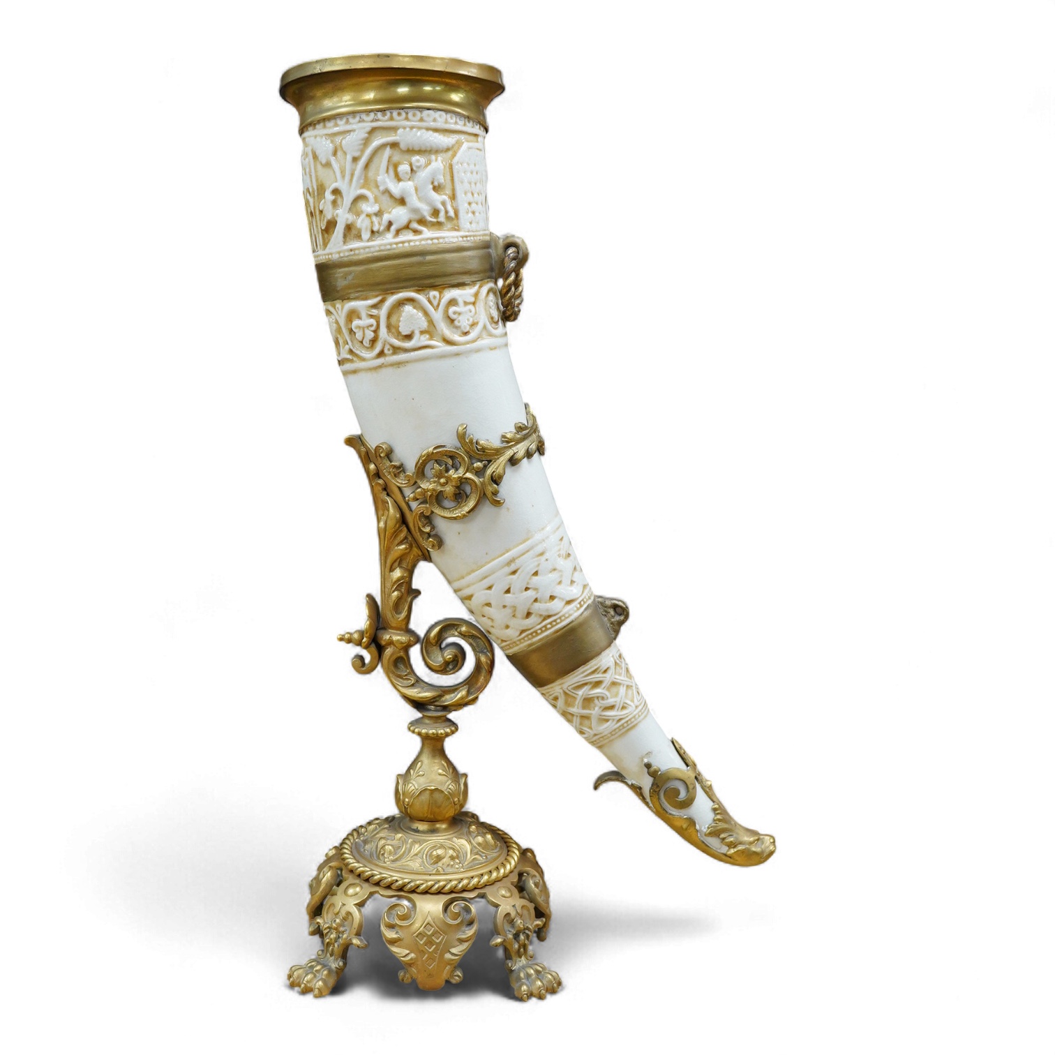 A late 19th century Viennese ormolu mounted ceramic drinking horn vase, 47cm high